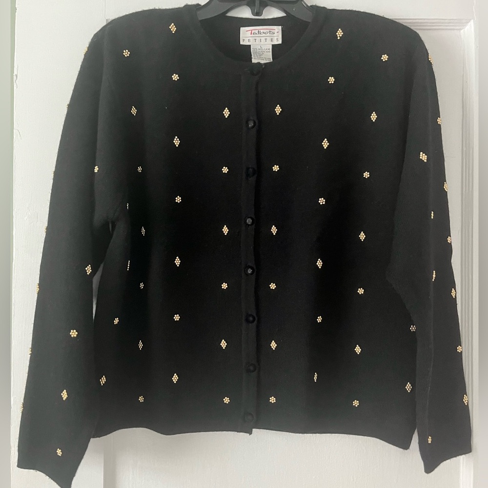 VTG Talbots black merino wool gold bead cardigan large